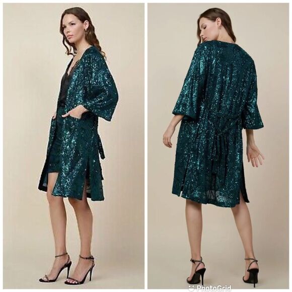 SKIES ARE BLUE Teal Sequin Belted Duster Cardigan Kimono Wrap Size XS/S New - Picture 3 of 14